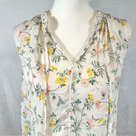 Loft white yellow and pink floral print split neck mixed media top size small - Picture 2 of 5